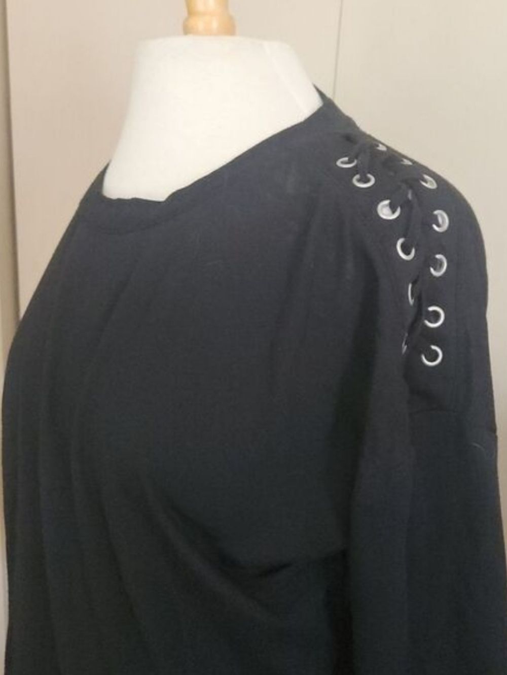 T87 Rock & Roll Cowgirl Black Long Sleeve Top with Eyelet Shoulder Detail